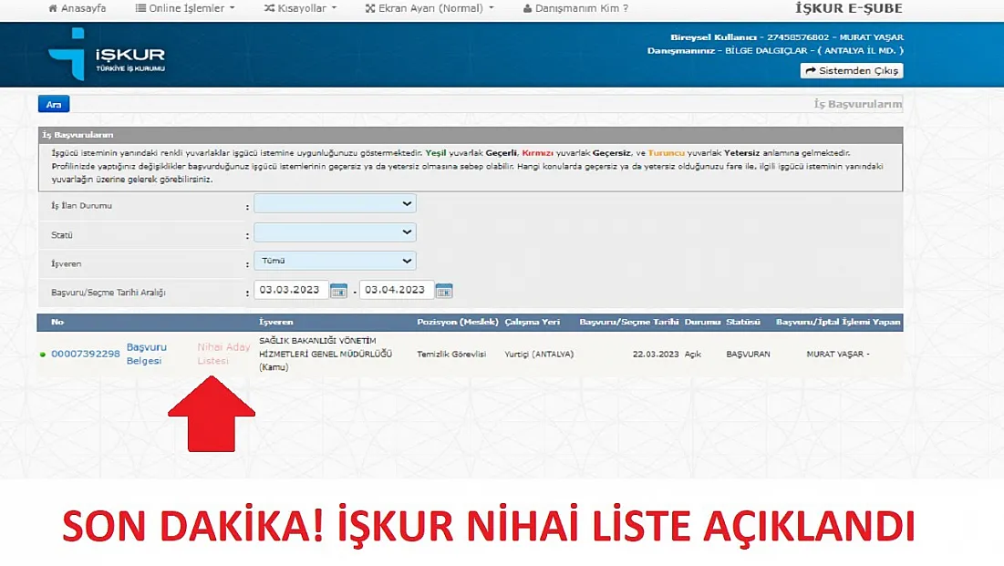 İŞKUR Nihai Aday Listesinde 